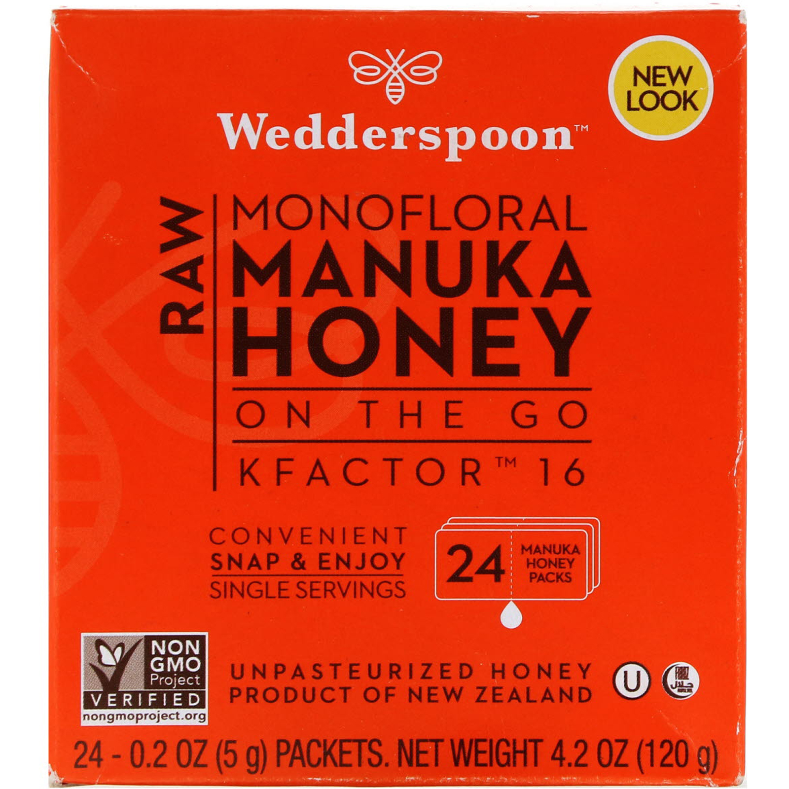Wedderspoon, Mel de Manuka Monofloral Puro, Em Movimento, KFactor 16, 24 Pacotes, 5 g (0,2 oz) Cada