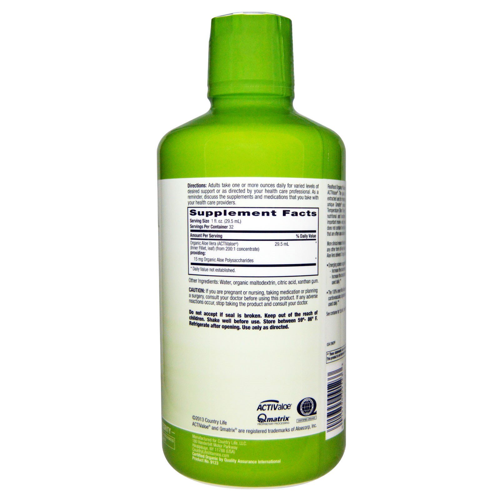 Country Life, Realfood Organics, Aloe Vera Líquido, 32 fl oz (944 ml) - Imagem 2
