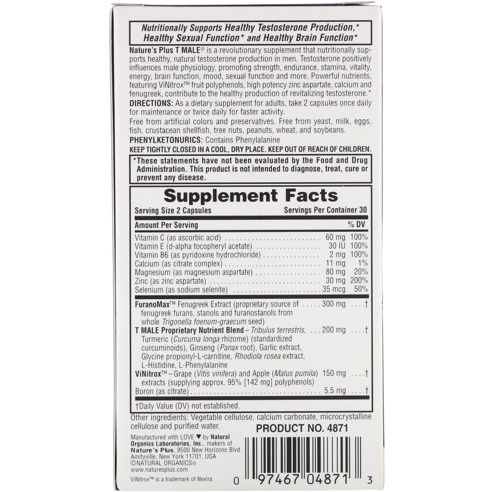 Nature's Plus, T Male, Reforço de Testosterona para Homens, 60 Cápsulas Vegetarianas - Imagem 2