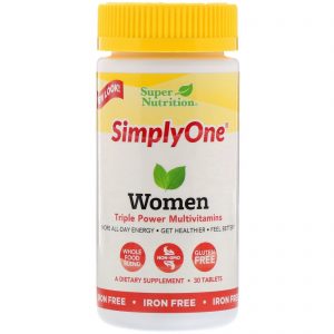 Super Nutrition, SimplyOne, Multivitamínico de Potência Tripla para Mulheres, Sem Ferro, 30 Comprimidos