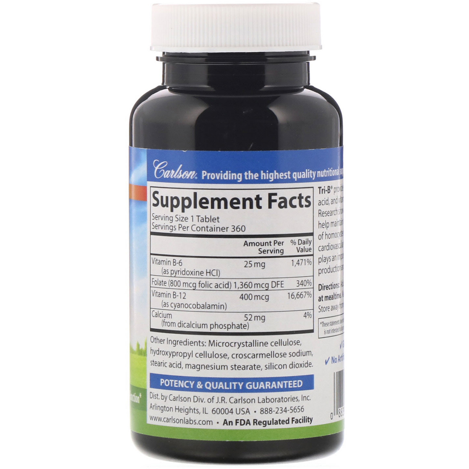 Carlson Labs, Tri-B with B6, B12 & Folic Acid, 360 Tablets - Imagem 2