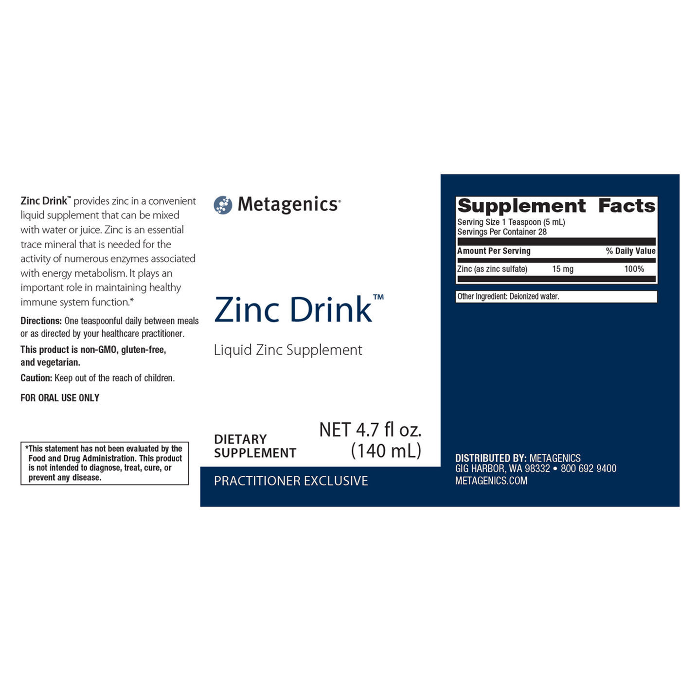 Metagenics Bebida de zinco - 4,7 fl oz (140 mL) - Imagem 2