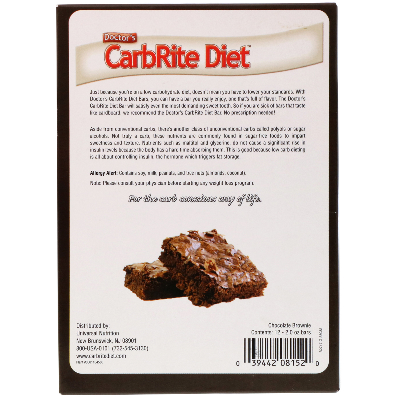 Universal Nutrition, Doctor's CarbRite Diet Bars, Chocolate Brownie, 12 Bars, 2.00 oz (56.7 g) Each - Imagem 3