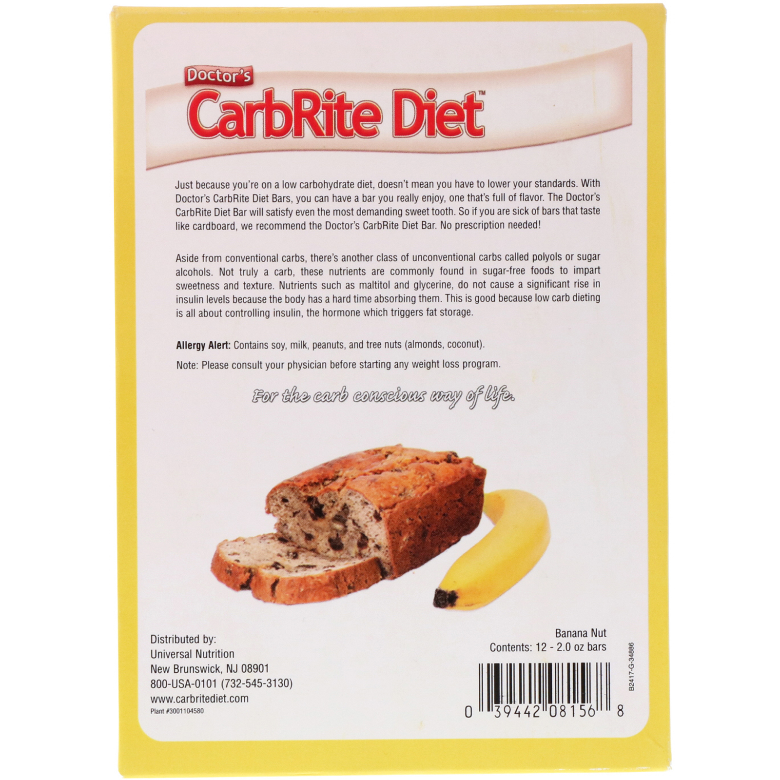 Universal Nutrition, Doctor's CarbRite Diet Bars, Chocolate Covered Banana Nut with Almonds, 12 Bars, 2 oz (56.7 g) Each - Imagem 3