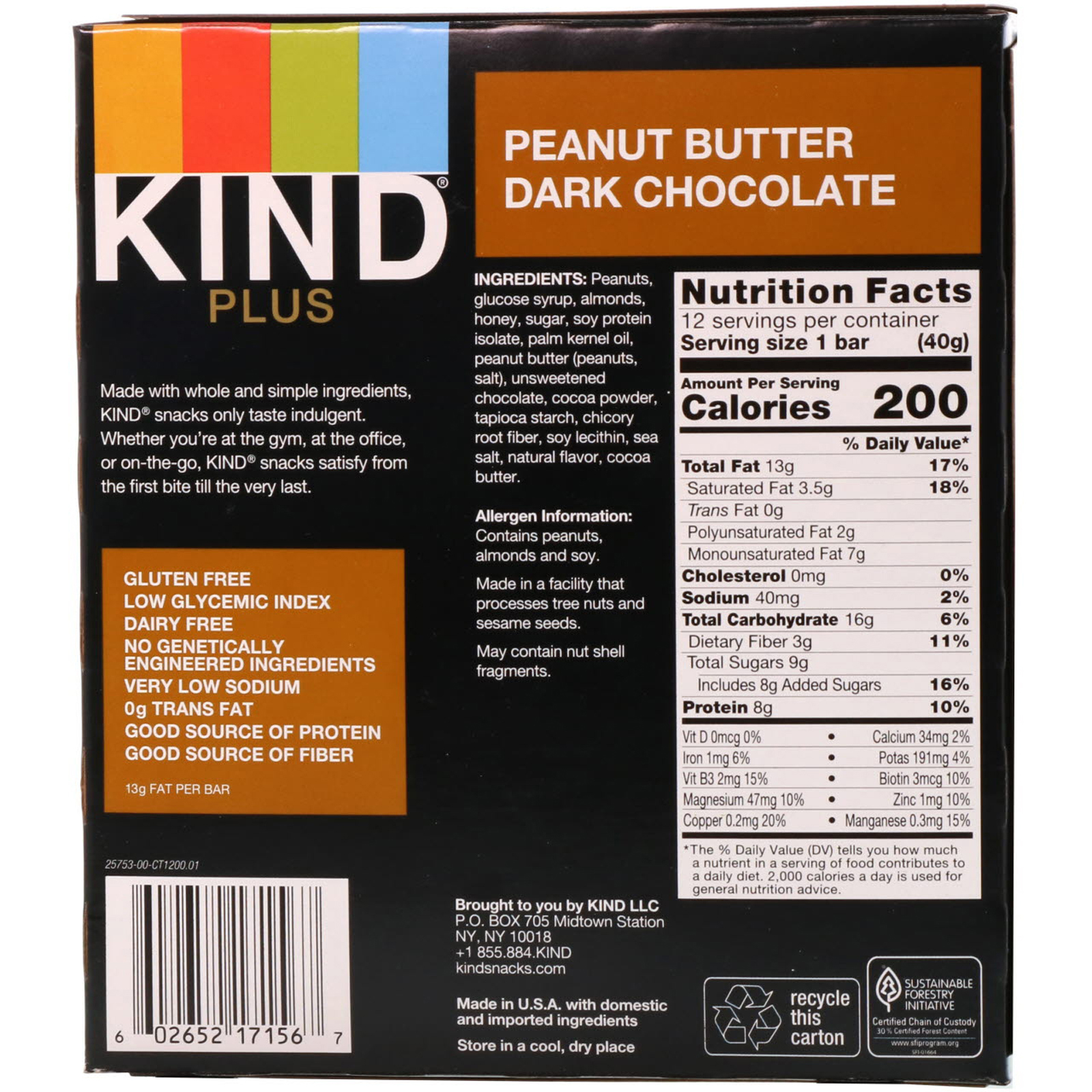 KIND Bars, Kind Plus, Peanut Butter Dark Chocolate Bar, 12 Bars, 1.4 oz (40 g) Each - Imagem 3