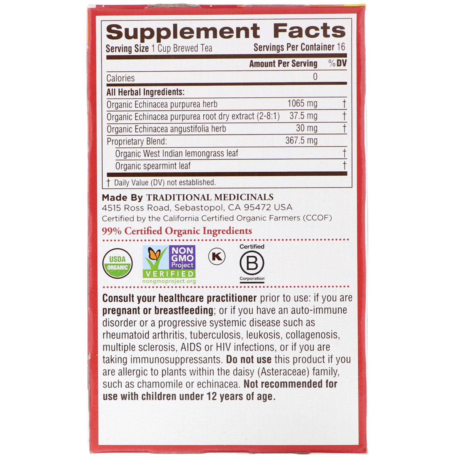 Traditional Medicinals, Chás da Estação, Orgânico, Equinácea Plus, Sem Cafeína, 16 Pacotes de Chá Embalados, ,85 oz (24 g) - Imagem 2