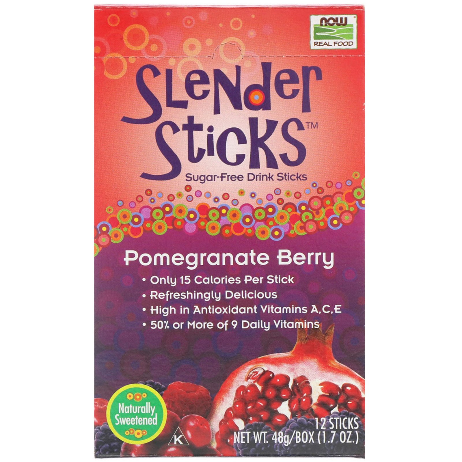 Now Foods, Real Food, Slender Sticks, Romã e Frutas Vermelhas, 12 Sticks, (4 g) Cada