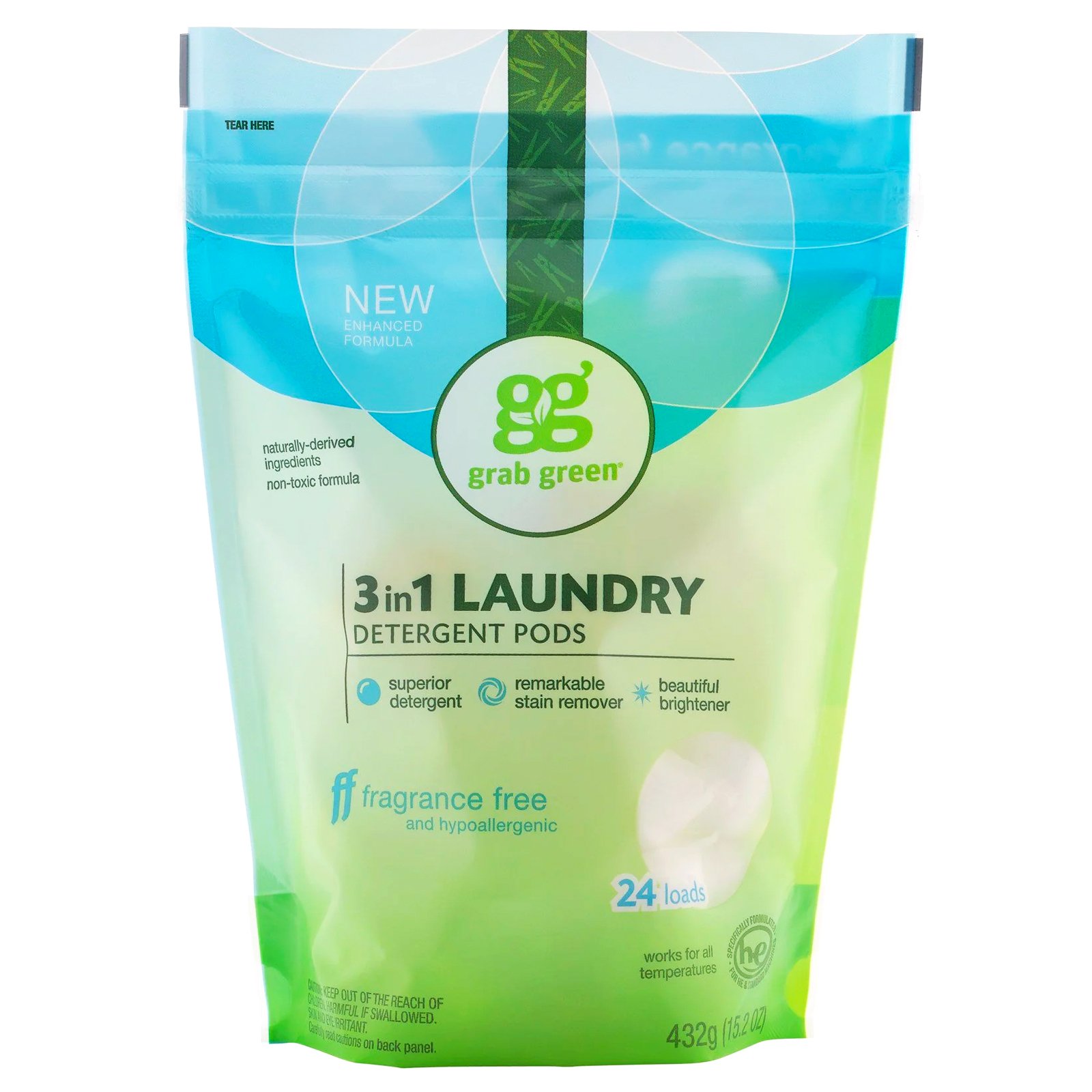 Grab Green, 3 em 1 Detergente para Roupa, Sem Perfume, 15.2 oz (432 g)