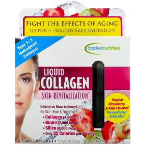 appliednutrition, Colágeno Líquido, Revitalização da Pele, Sabor Tropical de Morango e Kiwi, 10 Flaconetes, 10 ml Cada