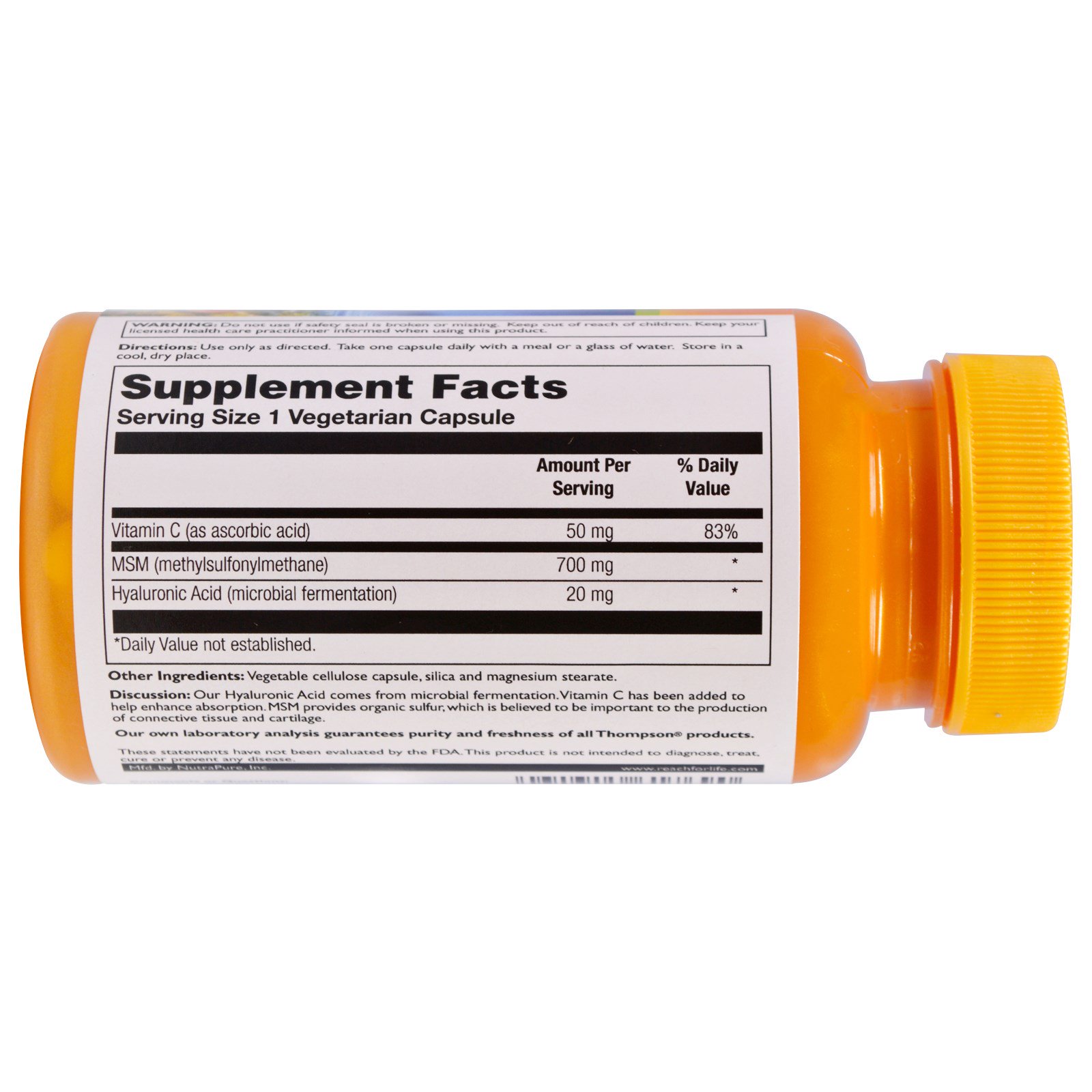 Thompson, Hyaluronic Acid MSM, 30 Vegetarian Capsules - Imagem 2