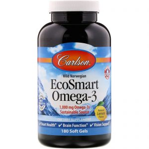 Carlson Labs, EcoSmart Omega-3, Natural Lemon Flavor, 1.000 mg, 180 Cápsulas Softgel