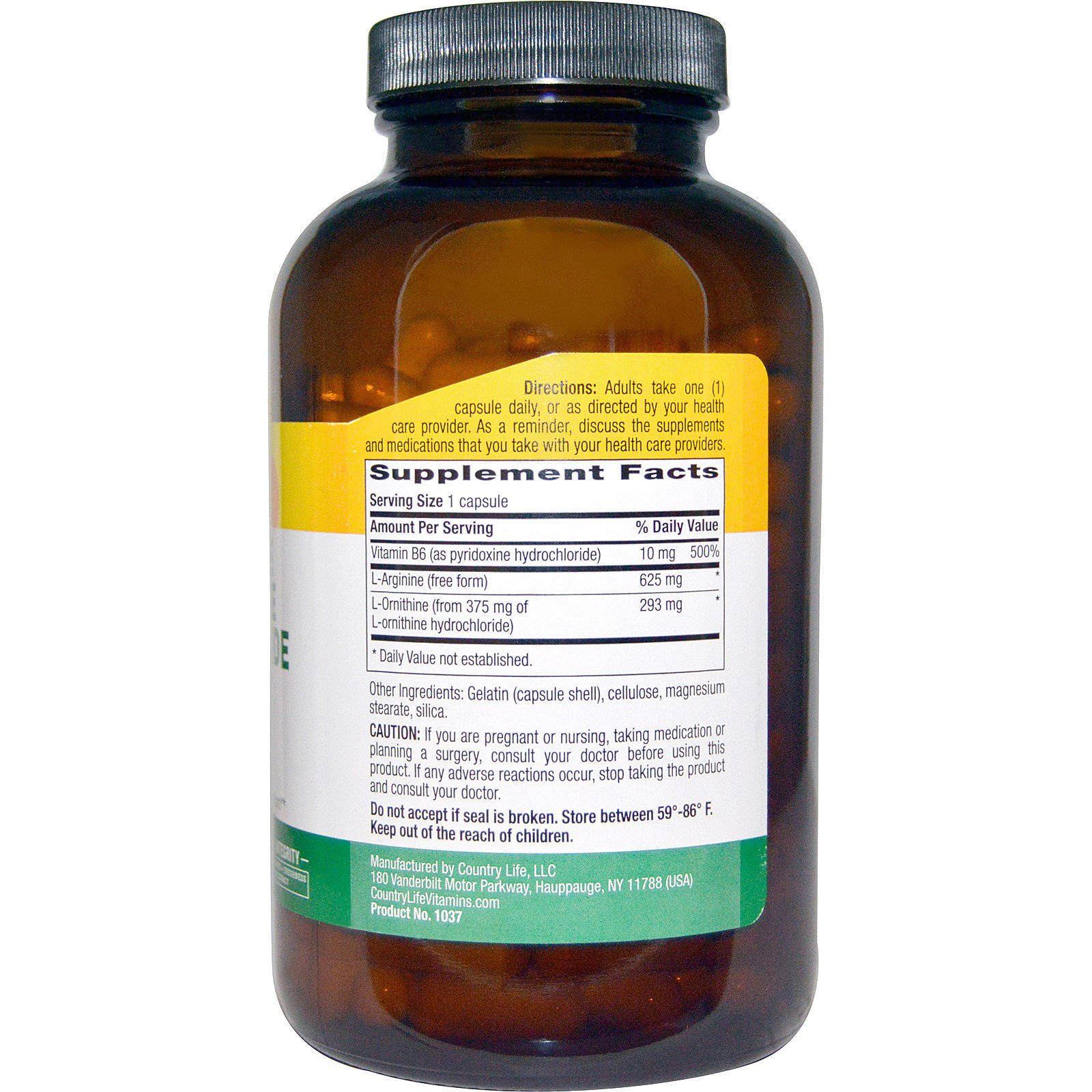 Country Life, L-Arginine & L-Ornithine Hydrochloride Caps, 1,000 mg, 180 Capsules - Imagem 2