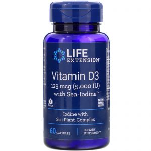 Life Extension, Vitamina D3 com Iodo Marinho, 125 mcg (5.000 UI), 60 Cápsulas
