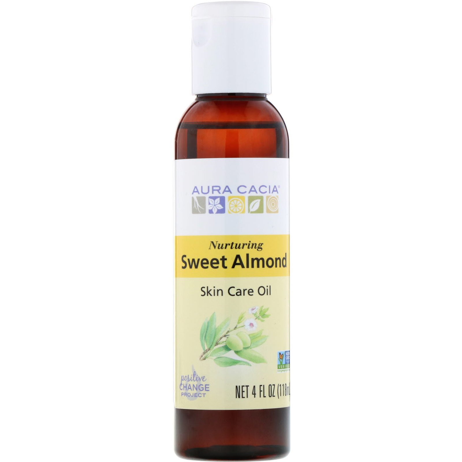Aura Cacia, Óleo de Cuidados com a Pele, com Vitamina E, Amêndoa Doce Estimulante, 4 fl oz (118 ml)