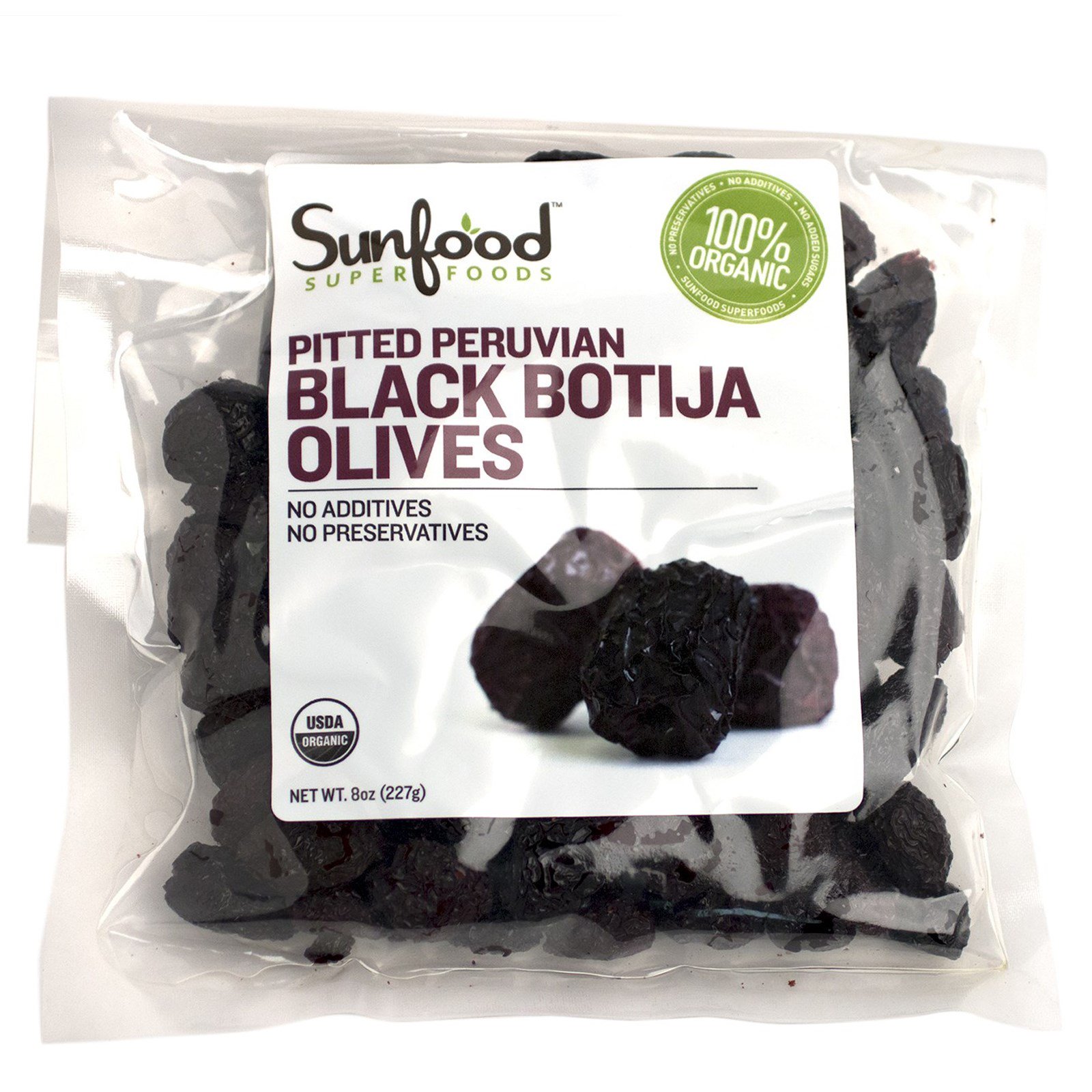 Sunfood, Orgânico, Azeitonas Botija Pretas Peruanas sem Caroço, 227 g (8 oz)