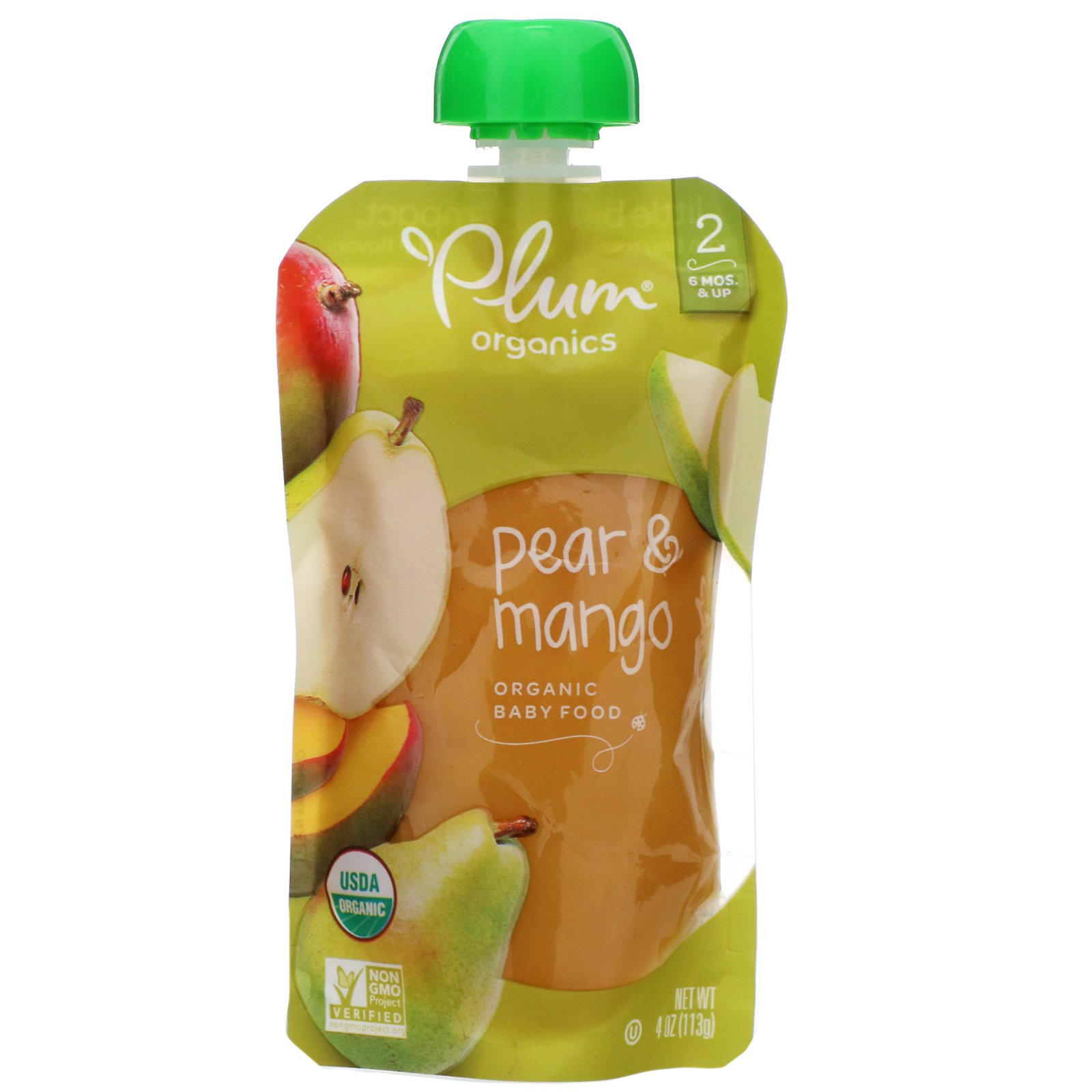 Plum Organics, Alimento orgânico para bebês, estágio 2, pera e manga, 4 oz. (113 g)