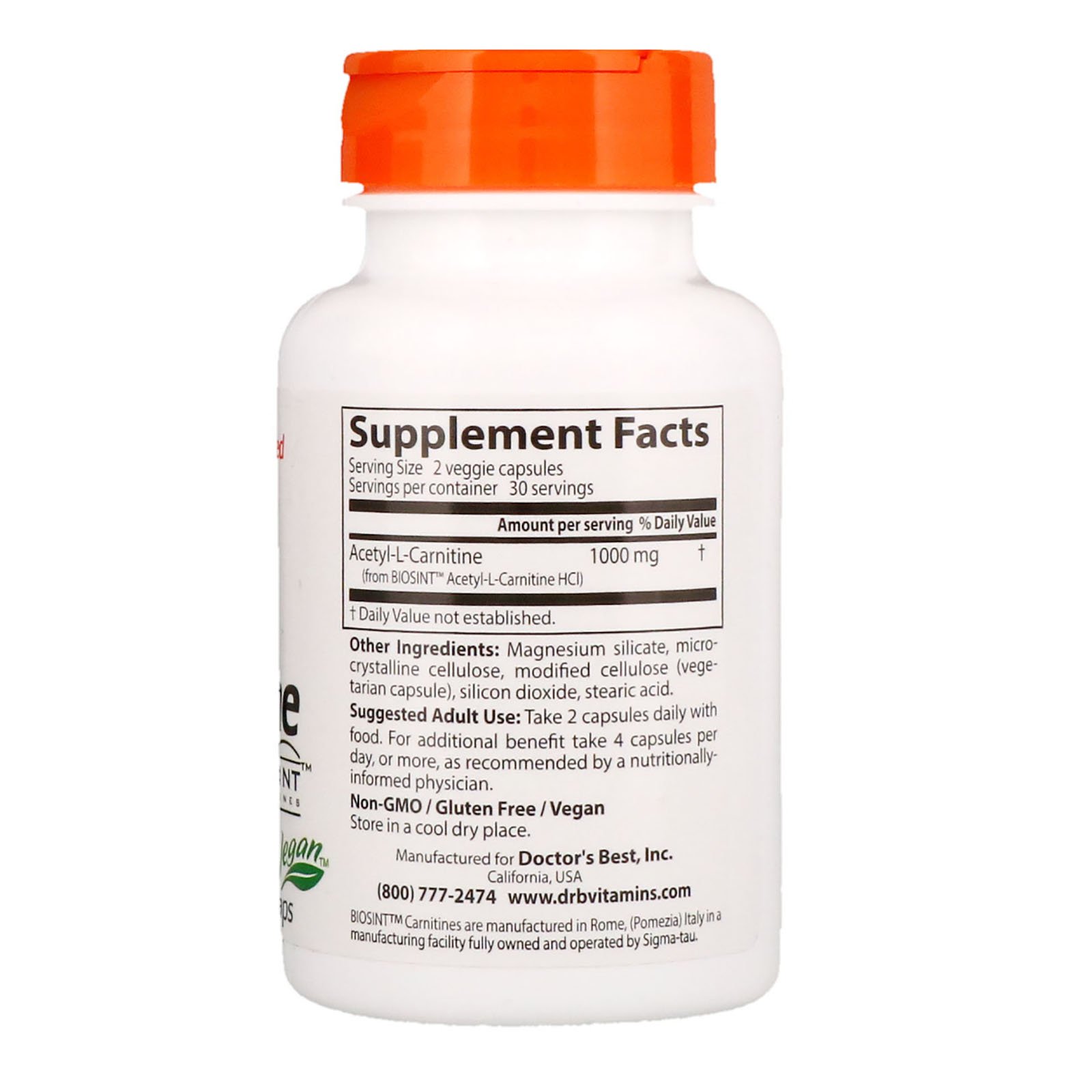 Doctor's Best, Acetil-L-Carnitina com Carnitinas Biosint, 500 mg, 60 Cápsulas Vegetais - Imagem 2