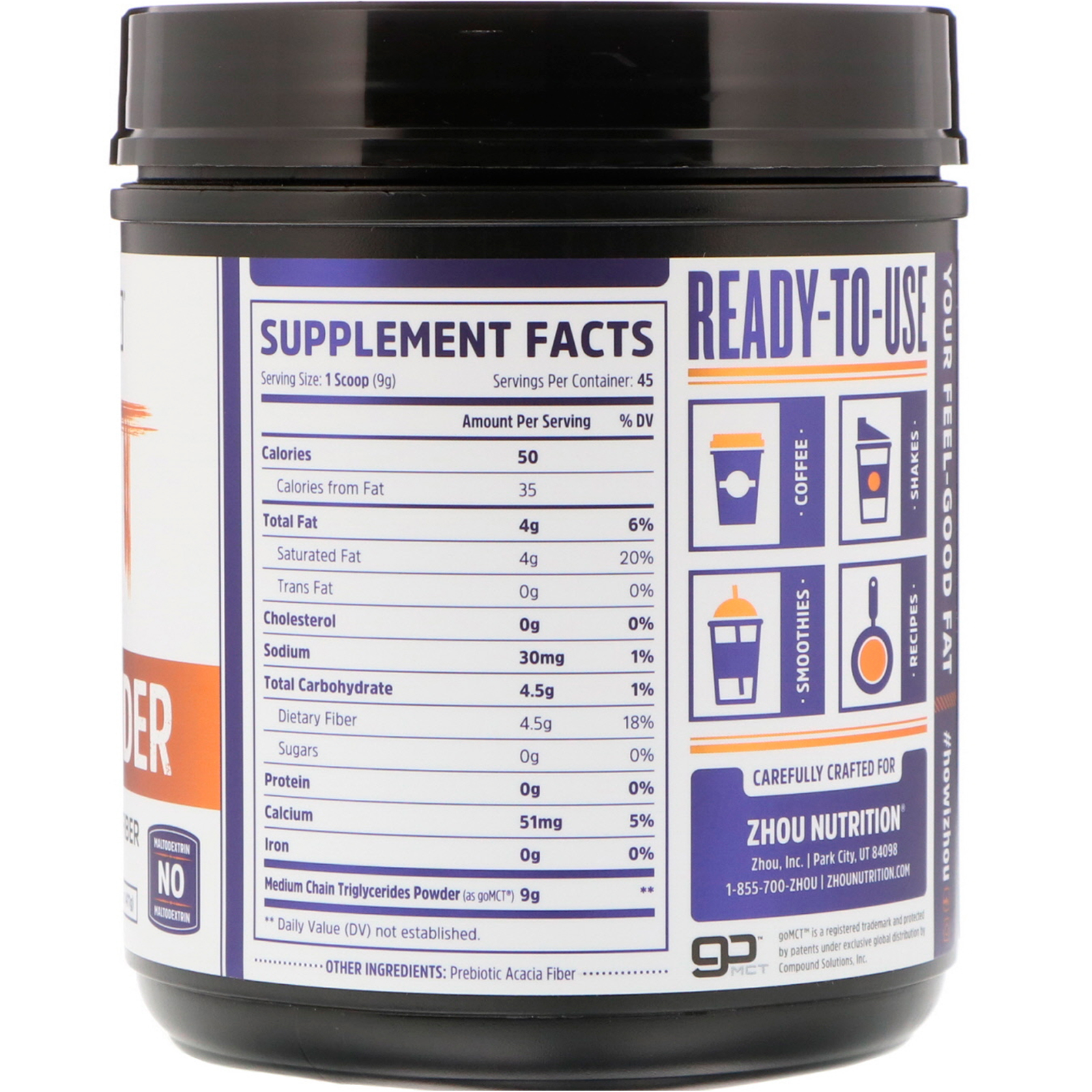 Zhou Nutrition, MCT com Fibra Prebiótica em Pó, 14,5 oz (411 g) - Imagem 2