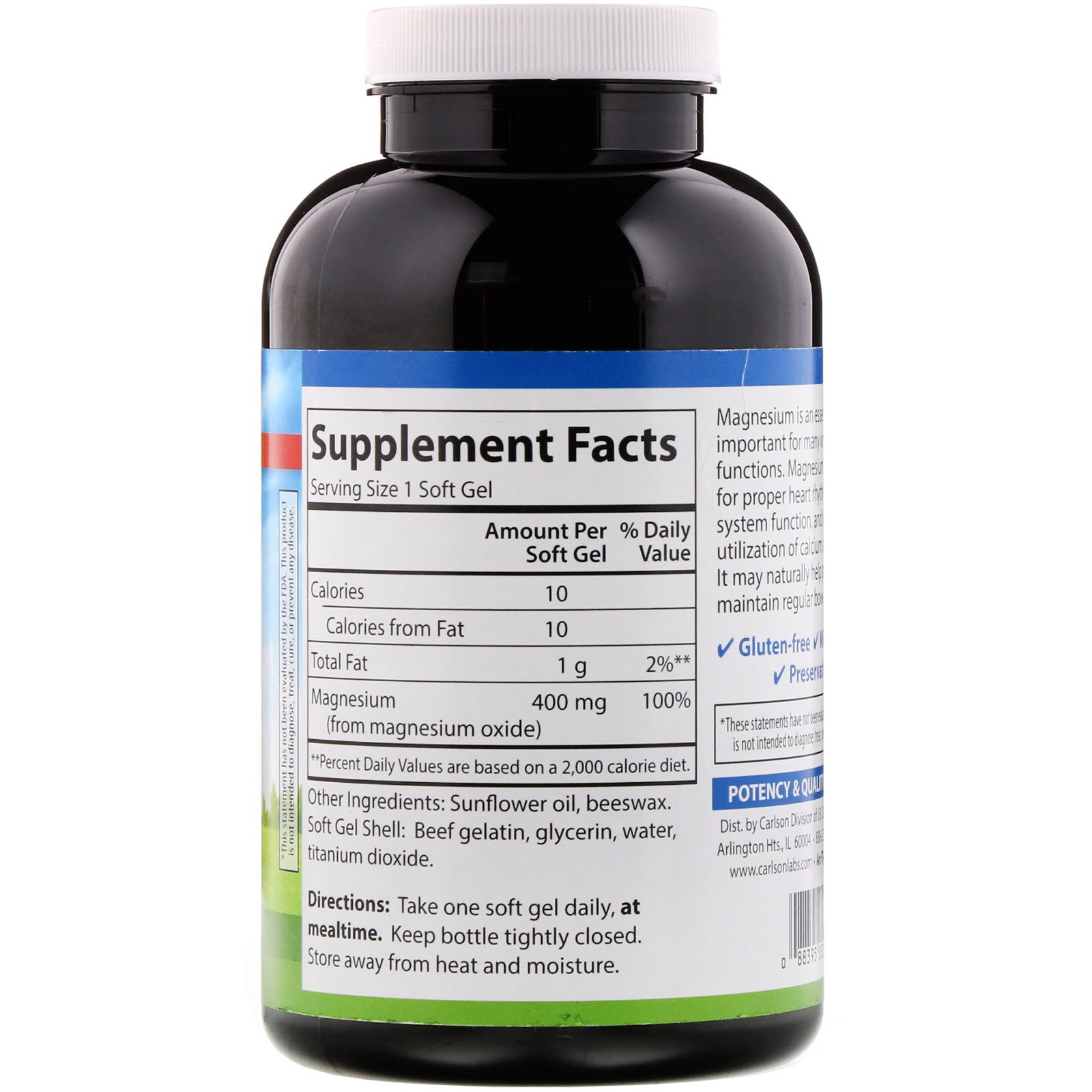 Carlson Labs, Magnésio Líquido, 400 mg, 250 Soft Gels - Imagem 2
