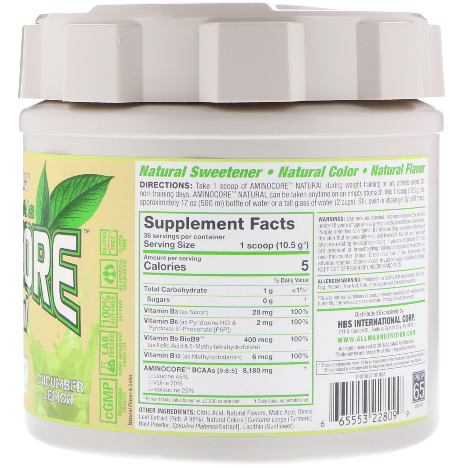 ALLMAX Nutrition, AMINOCORE Natural, Instantized BCAAs, Cucumber Melon, 13.3 oz (378 g) - Imagem 2