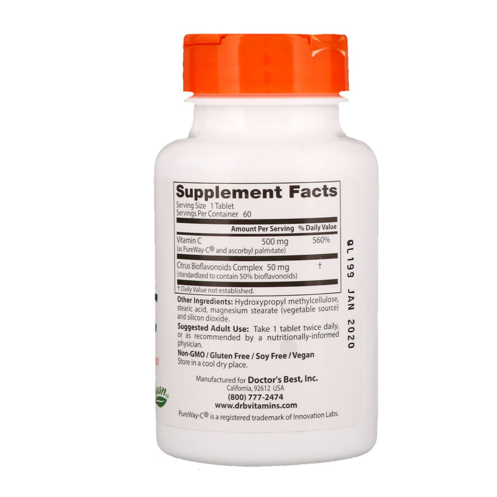 Doctor's Best, Vitamina C de Liberação Sustentada com PureWay-C, 500 mg, 60 Comprimidos - Imagem 2
