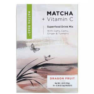 Matcha Road, Matcha + Vitamina C, Mistura de Superalimentos para Bebidas, Pitaia, 10 Envelopes, 5 g (0,18 oz) Cada