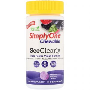 Super Nutrition, SimplyOne, Veja Claramente, Formula de Potência Tripla para a Visão, Sabor Baga Silvestre, 30 Comprimidos Mastigáveis