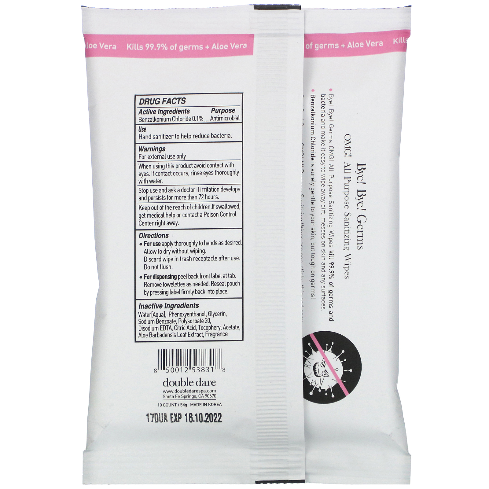 Double Dare, OMG!, Bye Bye Germs, All Purpose Sanitizing Wipes, 10 Wipes - Imagem 2
