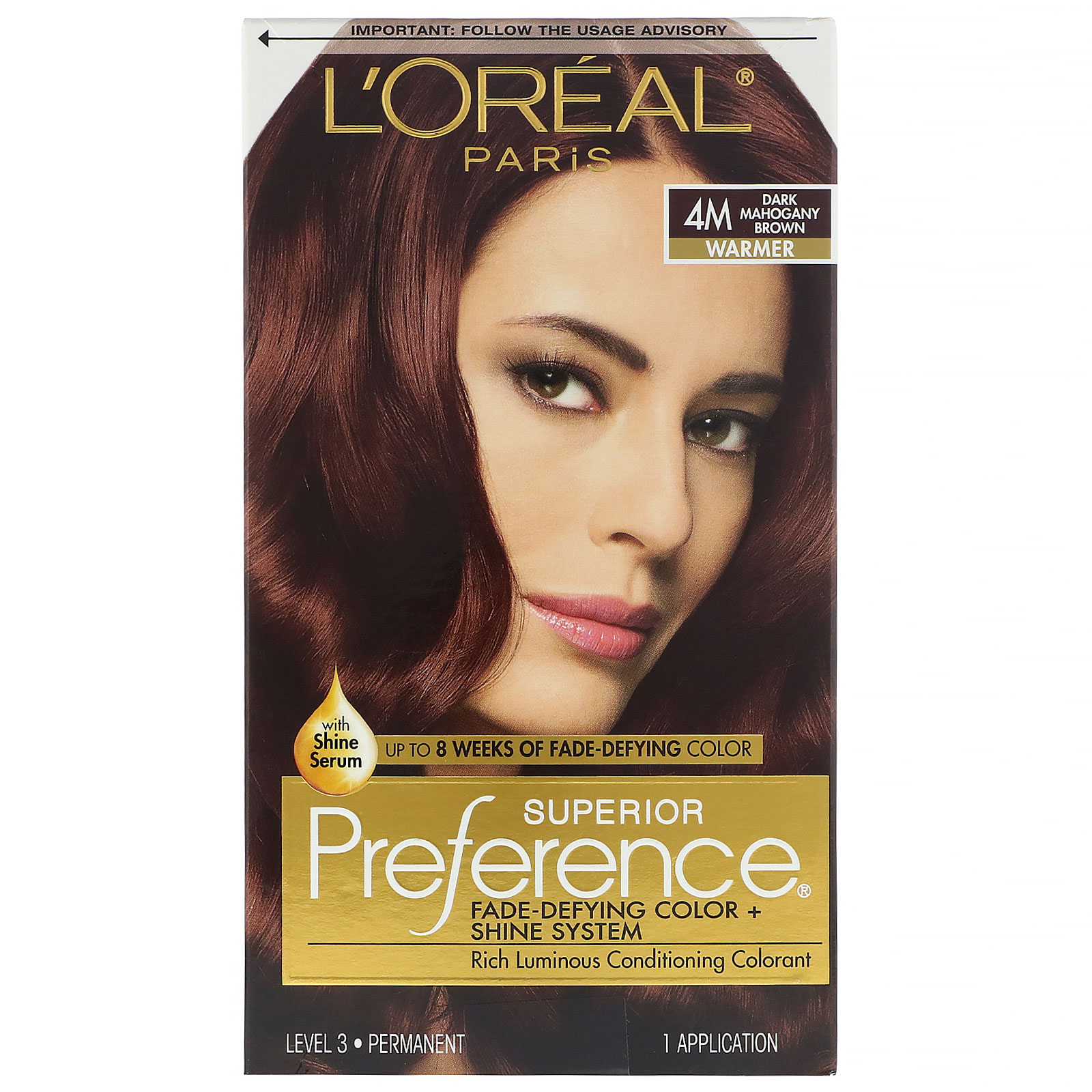 L'Oreal, Superior Preference, Sistema Fade-Defying Color + Shine, Warm, Dark Mahogany Brown 4M, 1 Aplicação