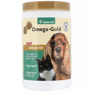 NaturVet, Óleo de Salmão Omega-Gold Plus, para Cães e Gatos, 180 Gomas Mastigáveis