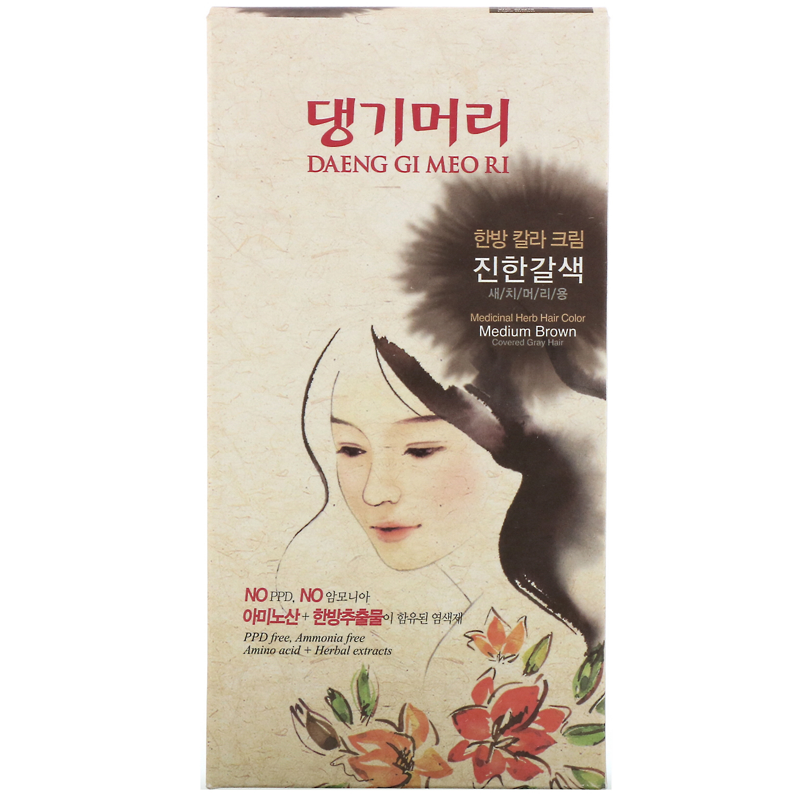 Doori Cosmetics, Daeng Gi Meo Ri, Tintura para cabelo de ervas medicinais, castanho médio, 1 Kit - Imagem 2