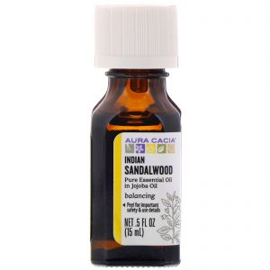 Aura Cacia, Óleo Essencial Puro em Óleo de Jojoba, Sândalo Indiano, 0,5 fl oz (15 ml)