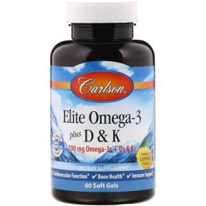 Carlson Labs, Elite Omega-3 com Vitamina D e K, Sabor Natural de Limão, 60 Cápsulas Softgel