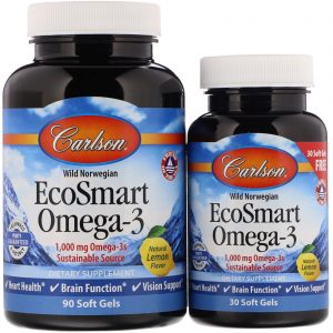 Carlson Labs, EcoSmart Omega-3, Sabor Natural de Limão, 1.000 mg, 90 + 30 Cápsulas Softgel