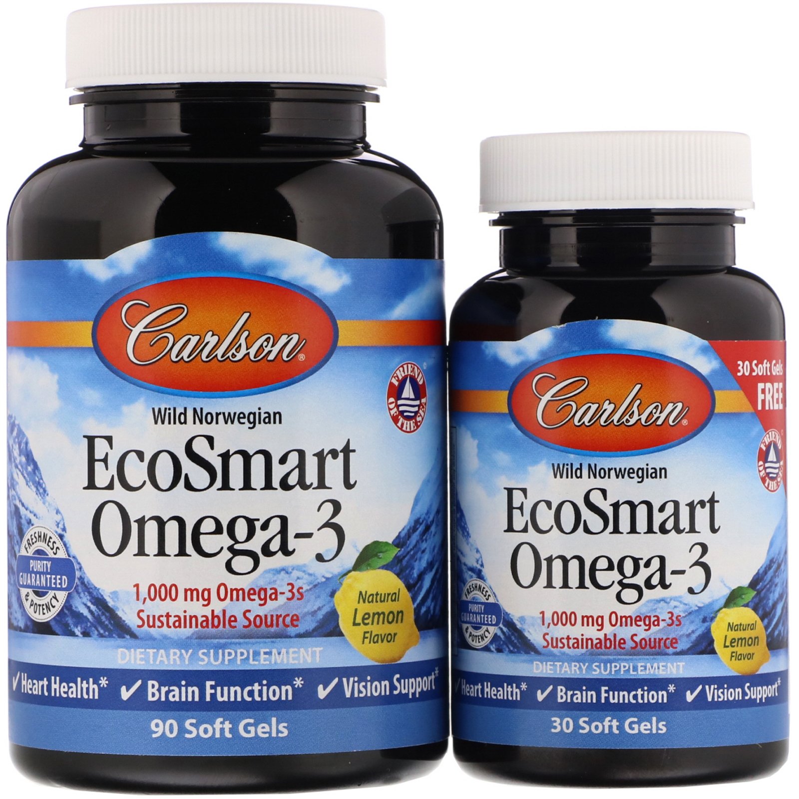 Carlson Labs, EcoSmart Omega-3, Sabor Natural de Limão, 1.000 mg, 90 + 30 Cápsulas Softgel
