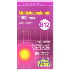 Natural Factors, B12, Metilcobalamina, 1000 mcg, 180 Comprimidos Mastigáveis