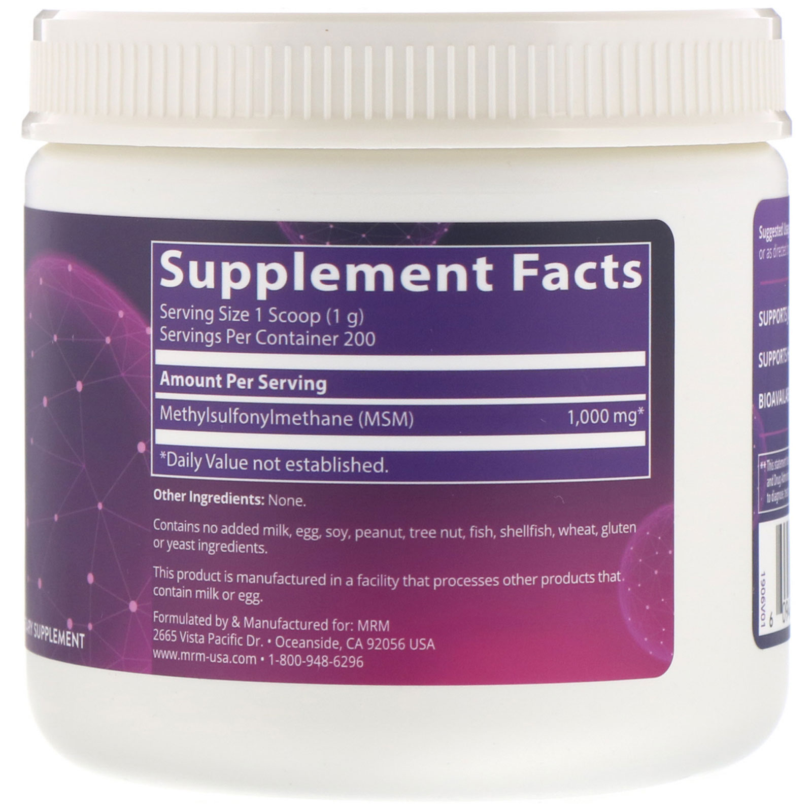 MRM, MSM Crystals, 1,000 mg, 7.05 oz (200 g) - Imagem 2