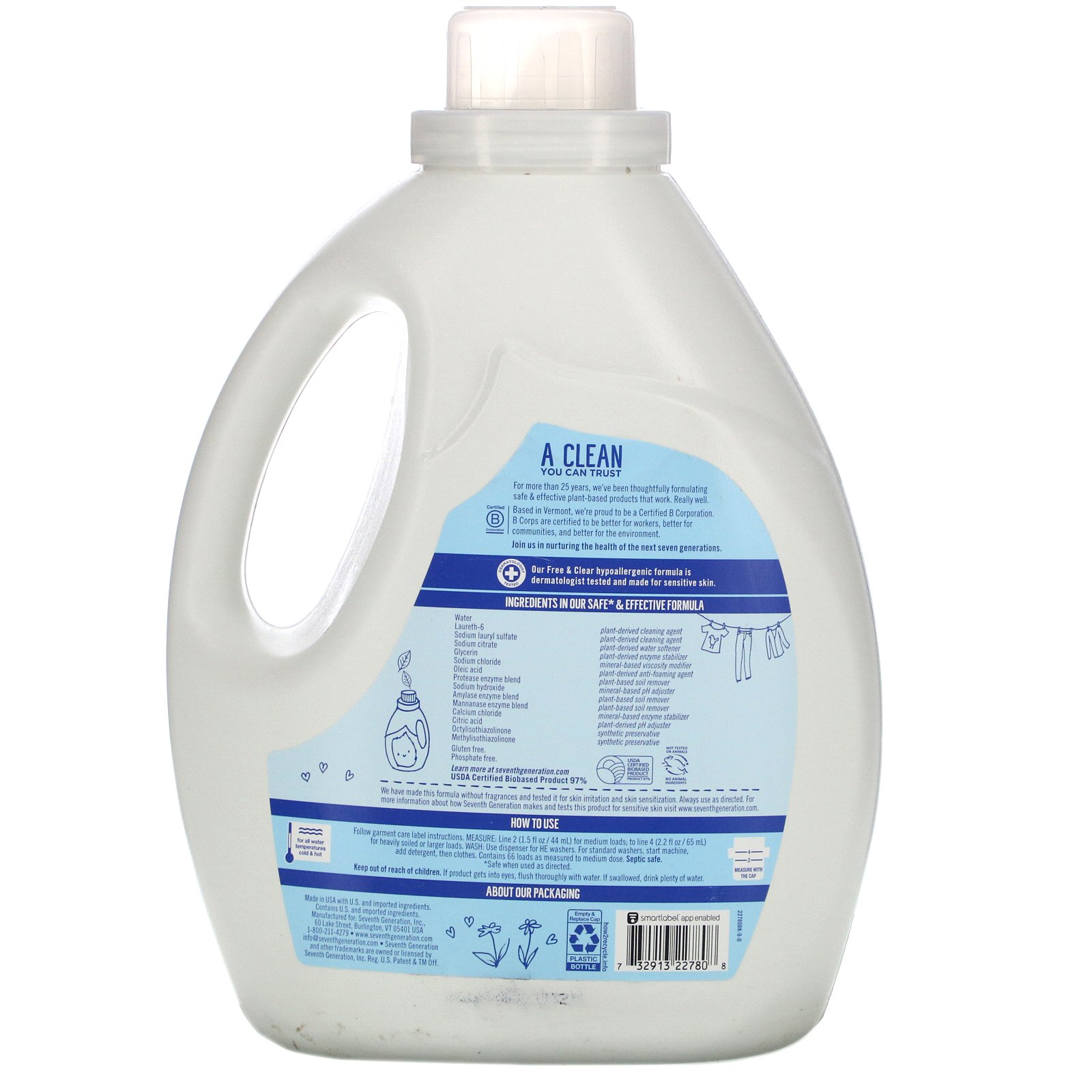 Seventh Generation, Laundry Detergent, Free & Clear, 100 fl oz (2.95 L) - Imagem 2