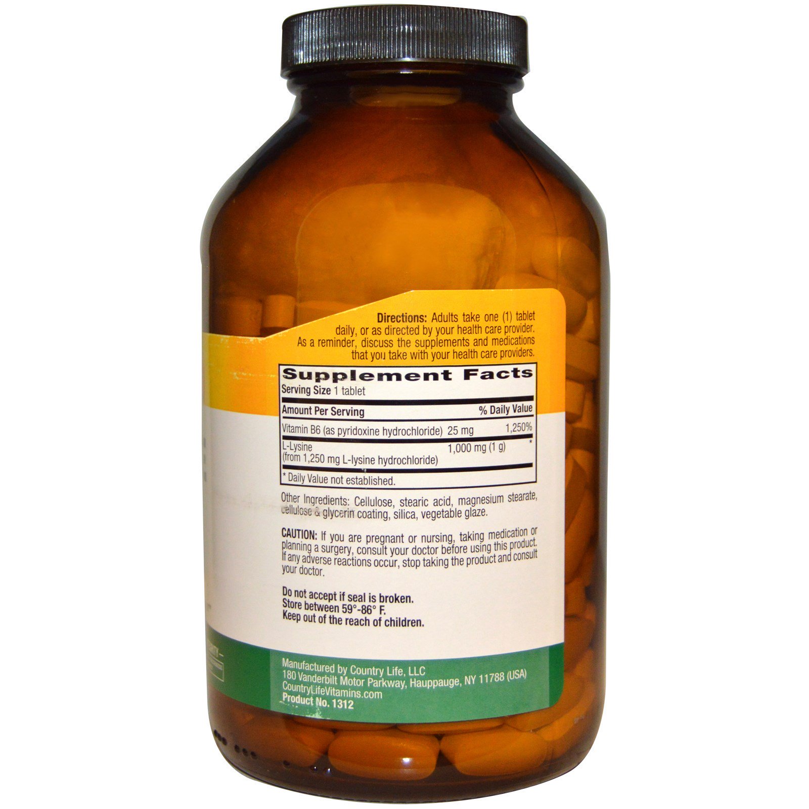 Country Life, L-Lisina, 1000 mg, 250 Comprimidos - Imagem 2
