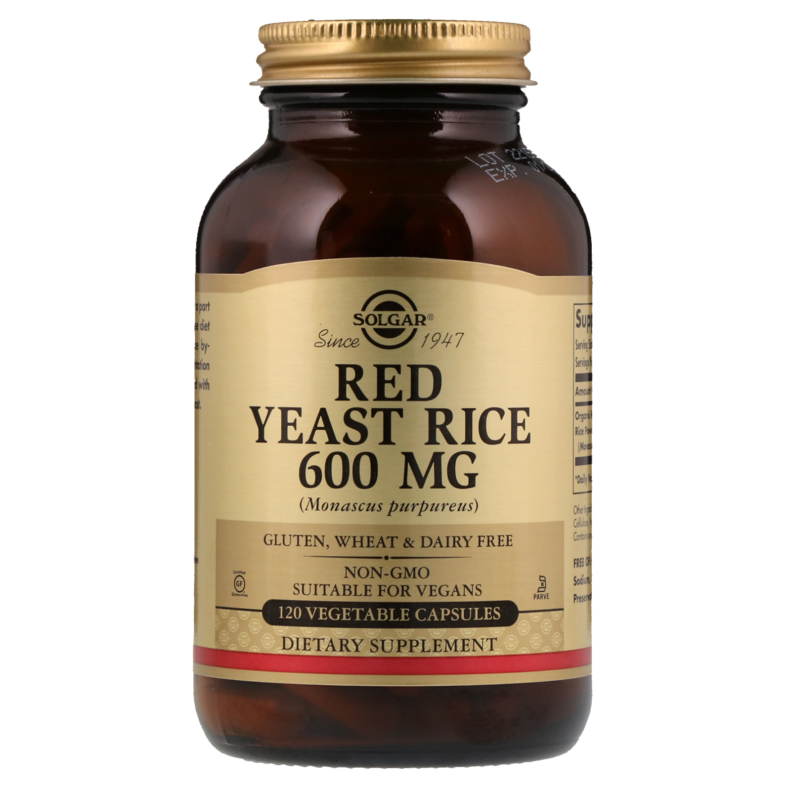 Solgar, Arroz Fermentado Vermelho, 600 mg, 120 Cápsulas Vegetais