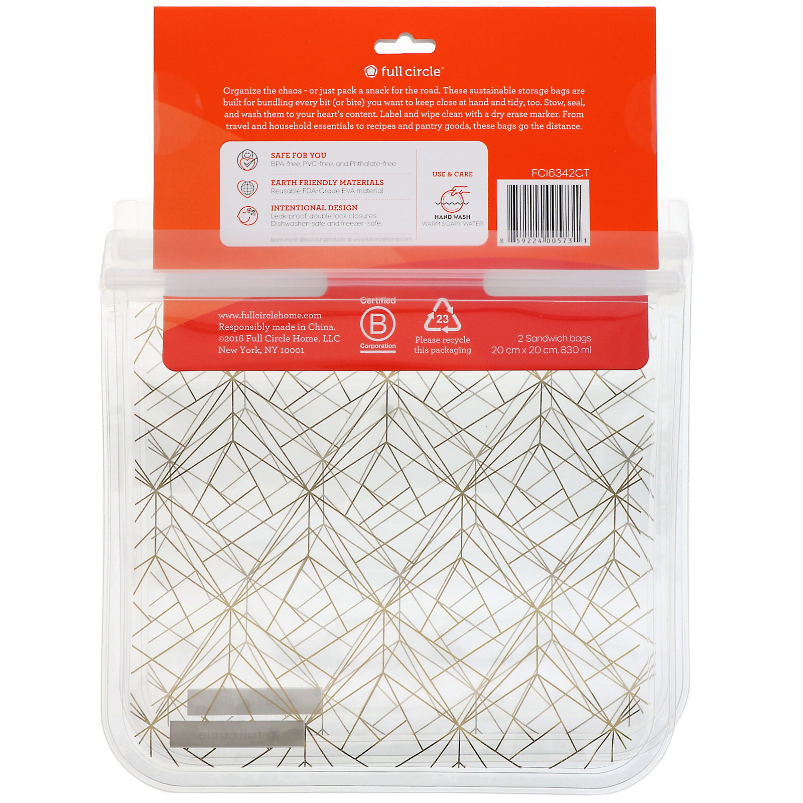 Full Circle, ZipTuck, Sacos Reutilizáveis para Sanduíches, Gold Geo, 2 Sacos - Imagem 3