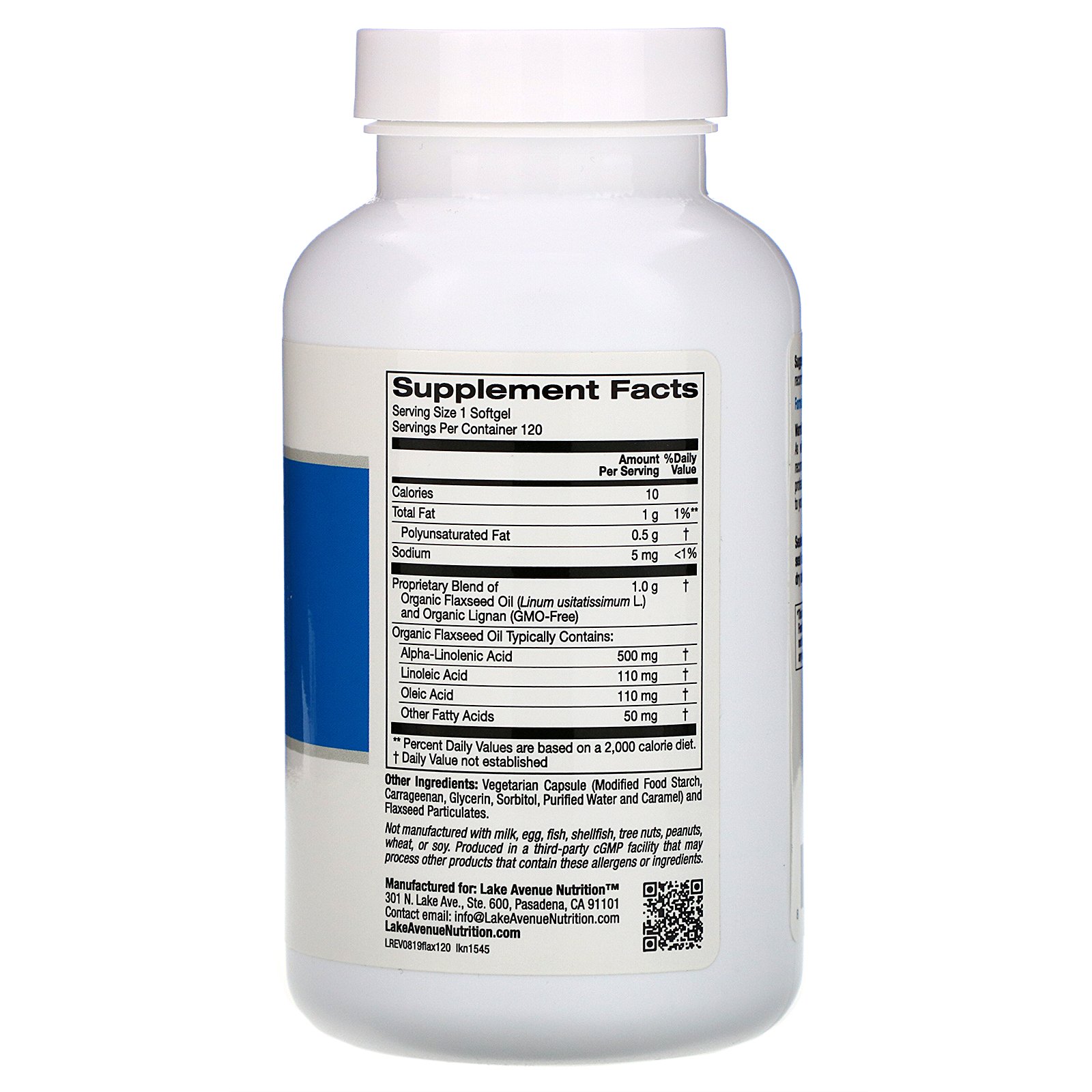 Lake Avenue Nutrition, Óleo de Linhaça Extraído a Frio & Lignana Orgânicas, Sem Hexano, 120 Cápsulas Gelatinosas Vegetais - Imagem 2