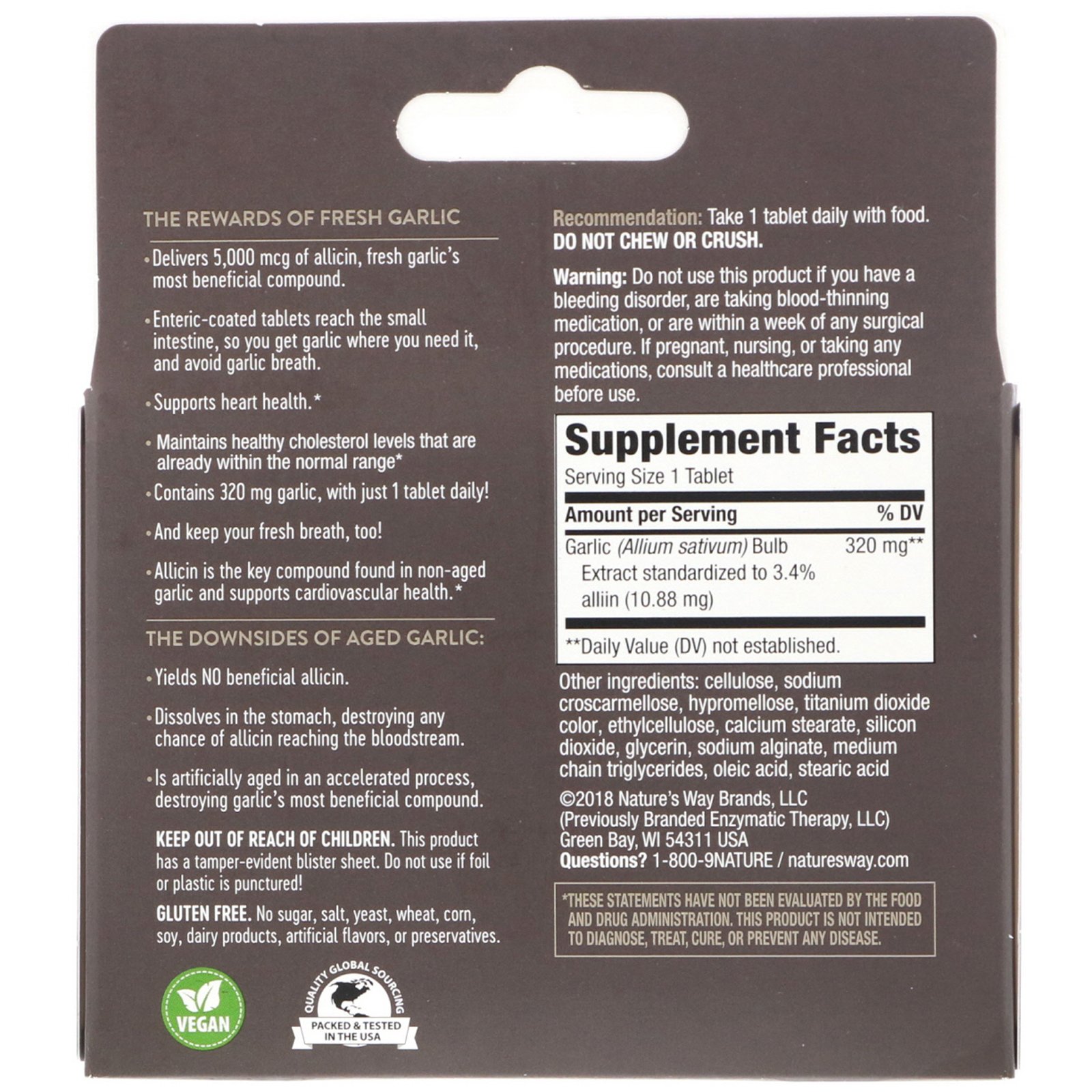 Nature's Way, Garlinase 5000, 320 mg, 100 Comprimidos de Revestimento Entérico - Imagem 2