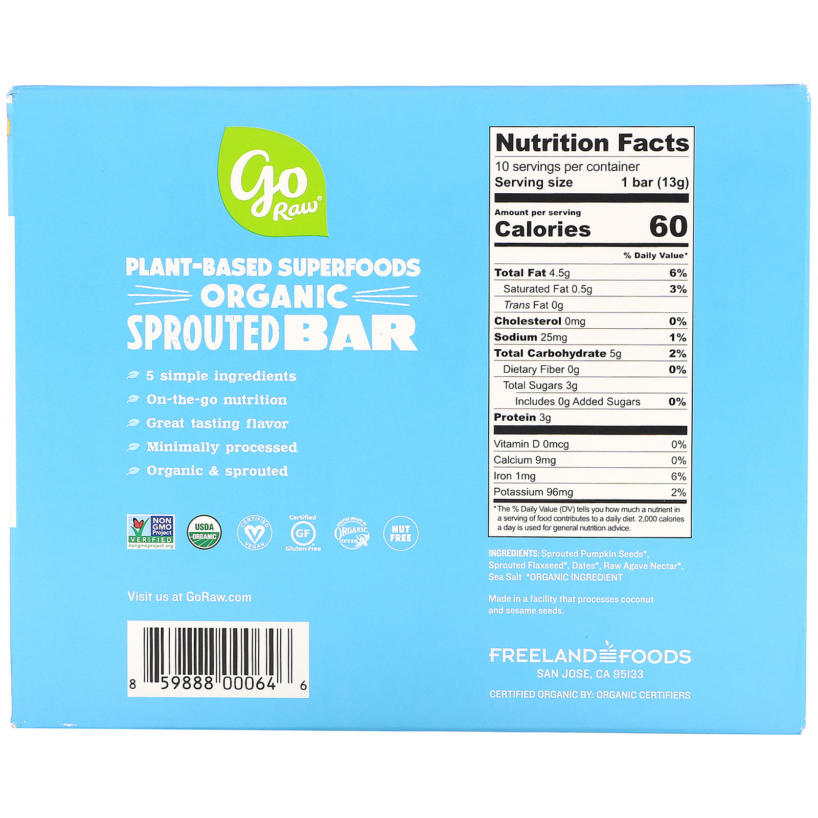 Go Raw, Organic Sprouted Bar, Pumpkin Seed, 10 Bars, 0.5 oz (13 g) Each - Imagem 3