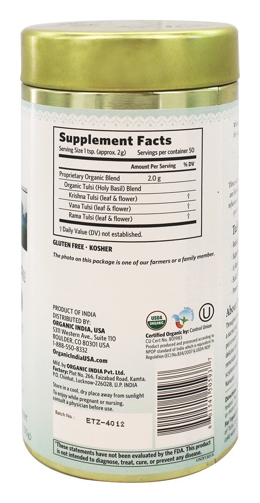 Tulsi Solto Folha Chá Original - 3.5 oz. Organic India - Imagem 2