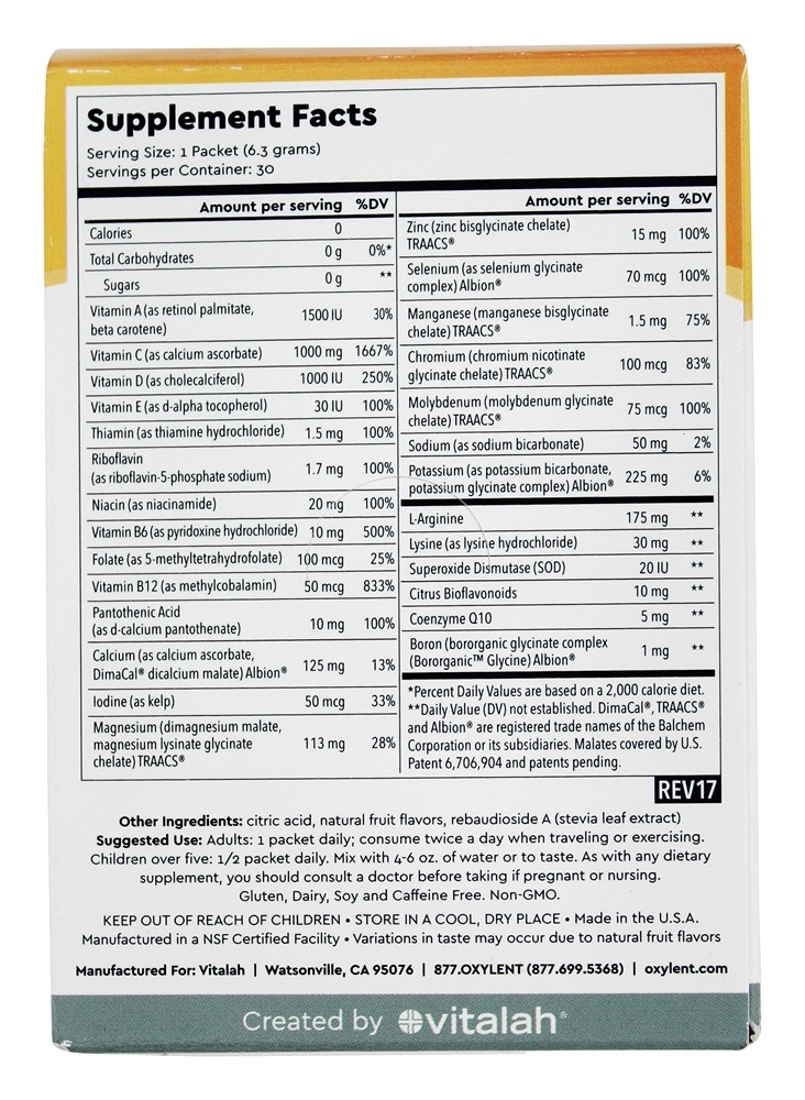 5-em-1 suplemento multivitamínico bebida mandarim espumante - 30 Pacotes (s) Oxylent - Imagem 2