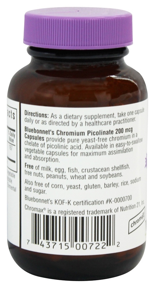 Crômio Picolinate Quelado 200 mcg. - Cápsulas vegetarianas 100 Bluebonnet Nutrition - Imagem 3