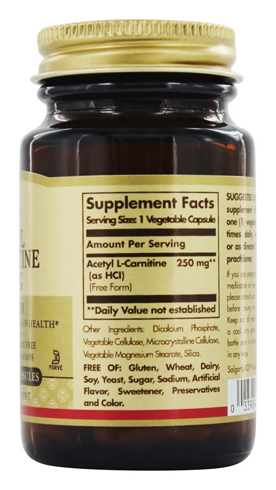 Forma livre de acetil L-carnitina 250 mg. - Cápsulas vegetarianas 30 Solgar - Imagem 2