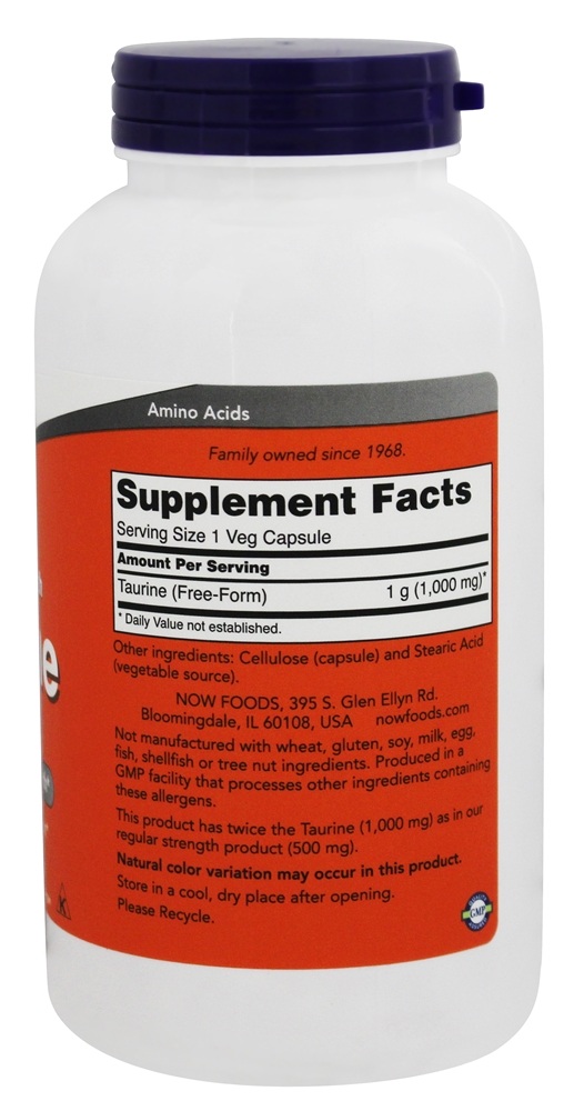 Taurina Potência Dupla 1000 mg. - Cápsulas 250 NOW Foods - Imagem 2