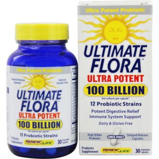 Flora Culturas vivas ultra-potentes 12 Estrepturas probióticas para GPS 100 Bilhões de UFC - Cápsulas vegetarianas 30 Renew Life